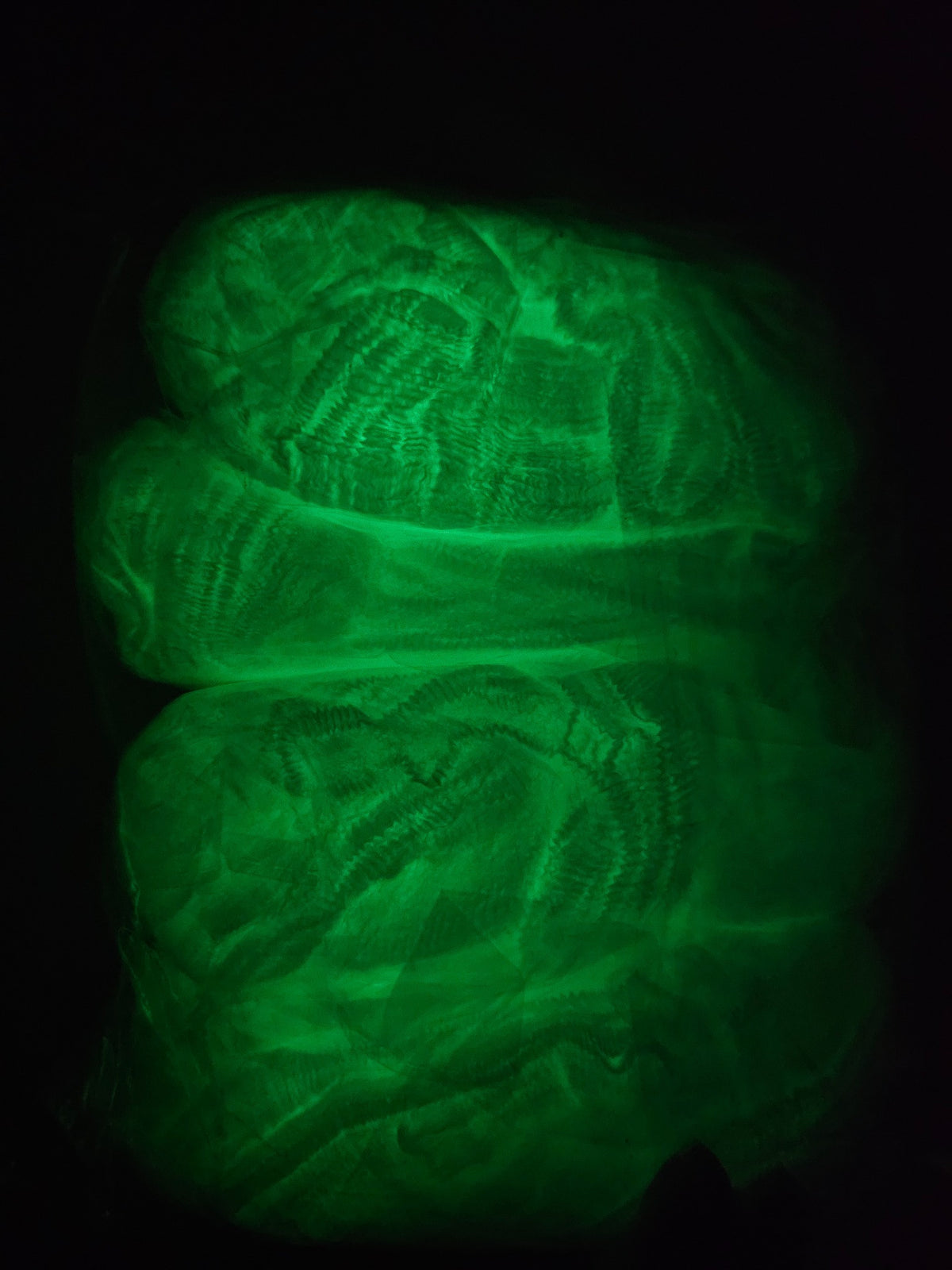 After-Dark Tangle stretch spider web photographed glowing at night; original unaltered product photo