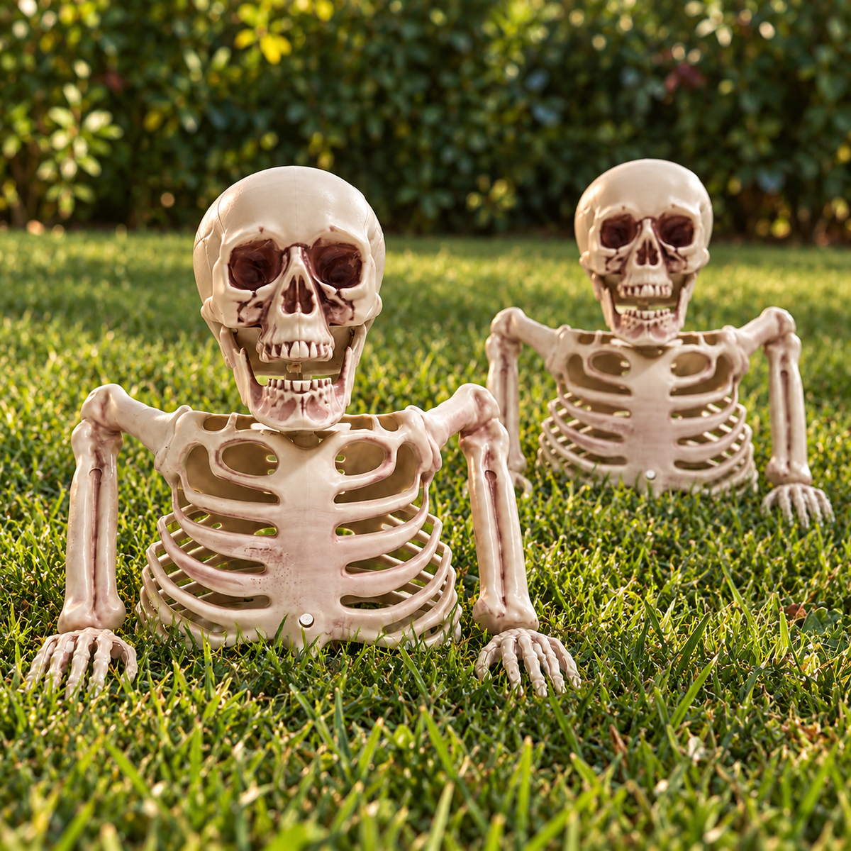 AI-styled illustration of the Back from Below two-piece skeleton bust set emerging from ordinary lawn grass, without trays. Background not included; keep the busts dry; choose a sheltered display position.