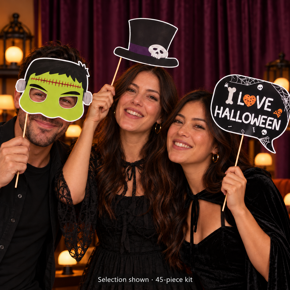 AI-generated Boos & Poses photo-booth styling illustration with three adults using selected Halloween props from the 45-piece kit. Selection shown; scene extras not included.