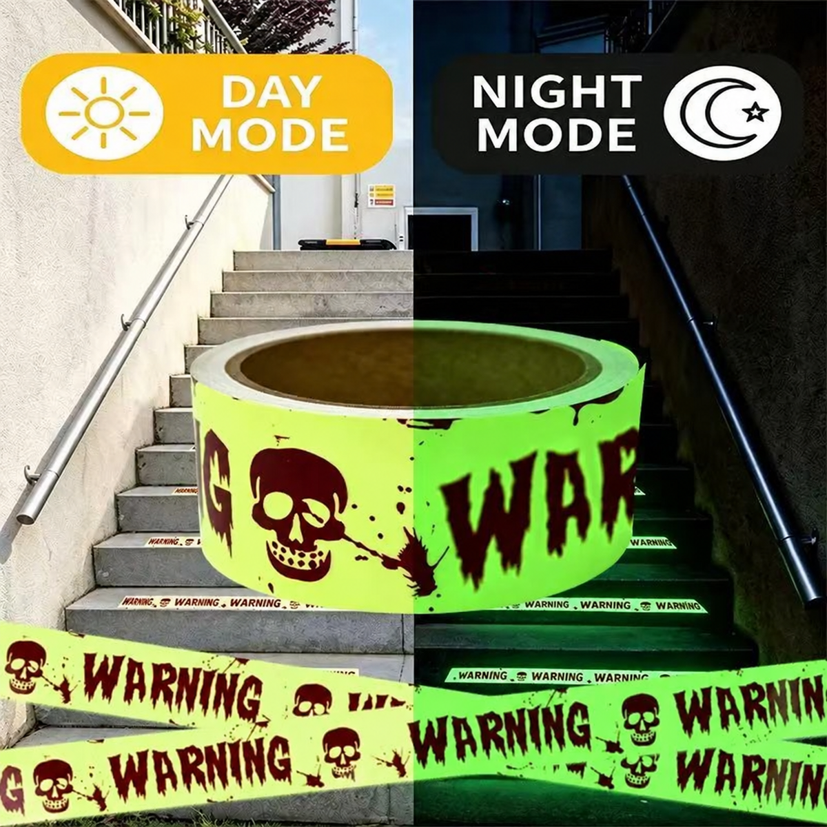 Day mode and night mode comparison of decorative glow warning tape; supplier scene may show additional pieces.