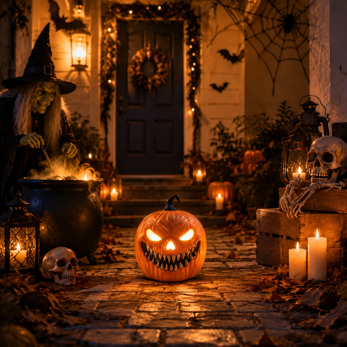 AI-edited Halloween scene showing one Grin & Scare It pumpkin lantern at smaller relative scale. Height approximately 26 cm; scene scale and light output are illustrative. Background props are not included. Use indoors and keep dry.