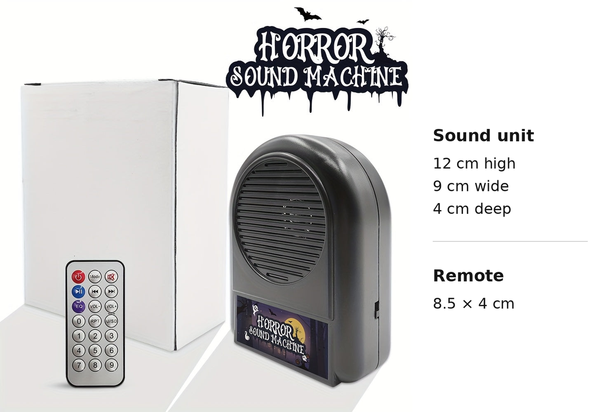 Things That Go Bump original product reference with measurements in a separate margin: sound unit 12 cm high, 9 cm wide and 4 cm deep; included remote 8.5 × 4 cm.