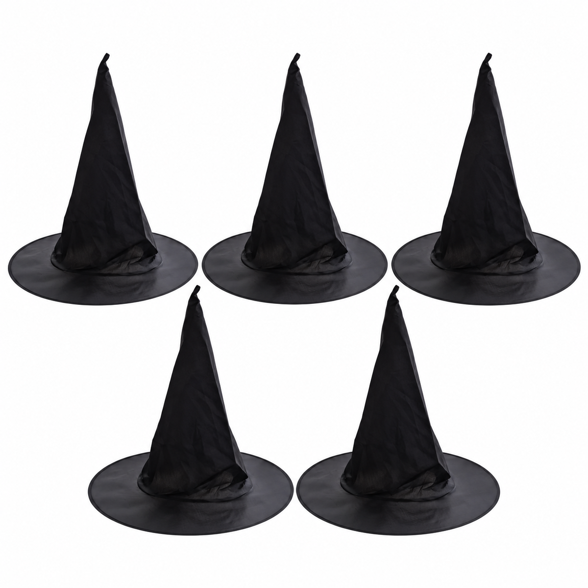 Off the Hook on a white background. Five black unlit witch hats; no lights. Product-image background edited from source photograph; no dimensions or scene props.