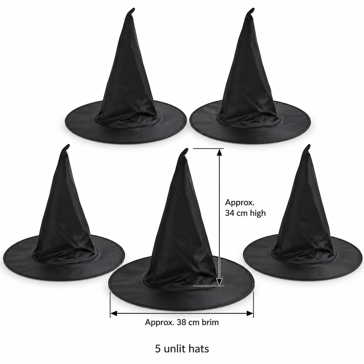 Off the Hook — five-piece unlit black witch-hat set; product-only view