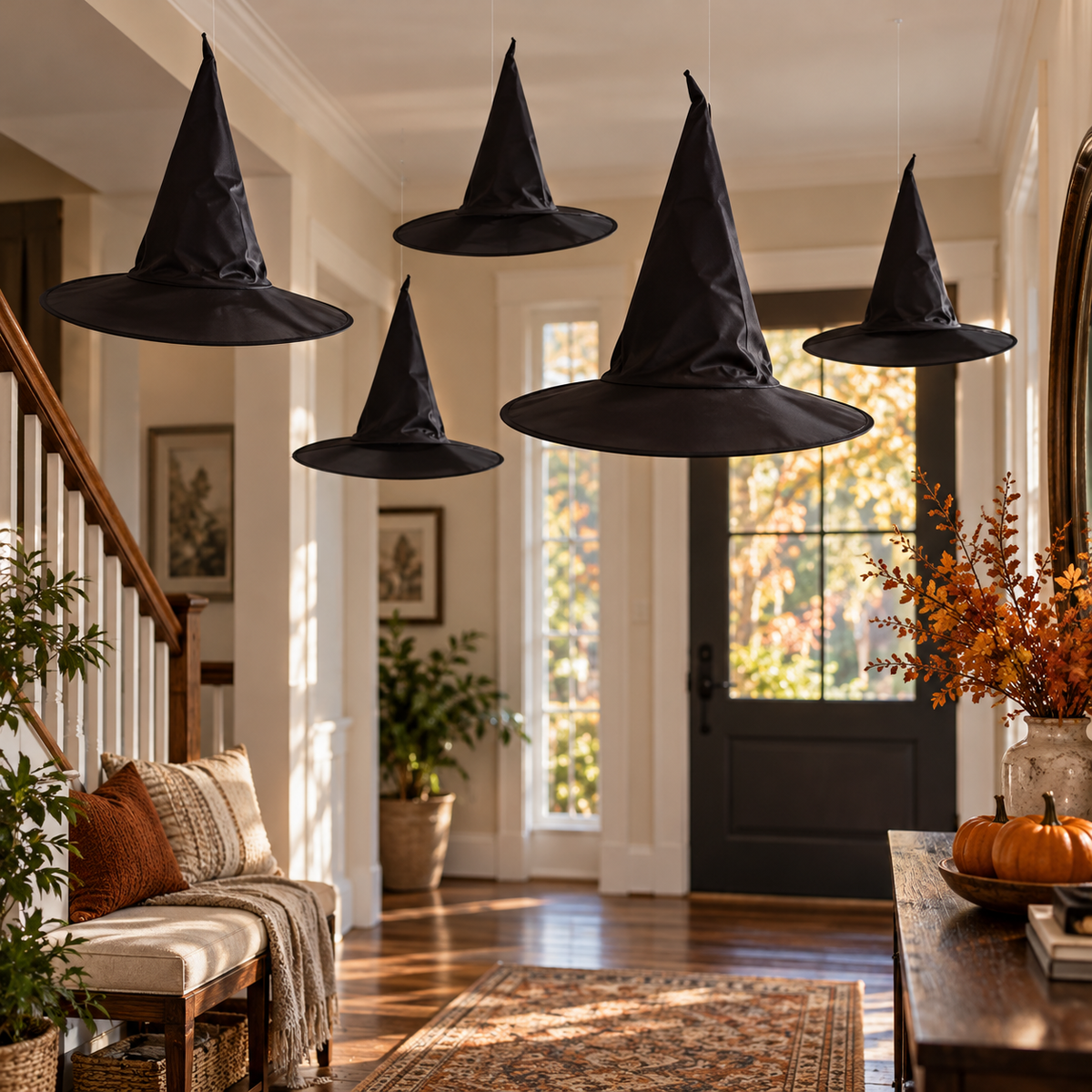 Off the Hook — five-piece unlit black witch-hat set; illustrative styled scene; background props not included