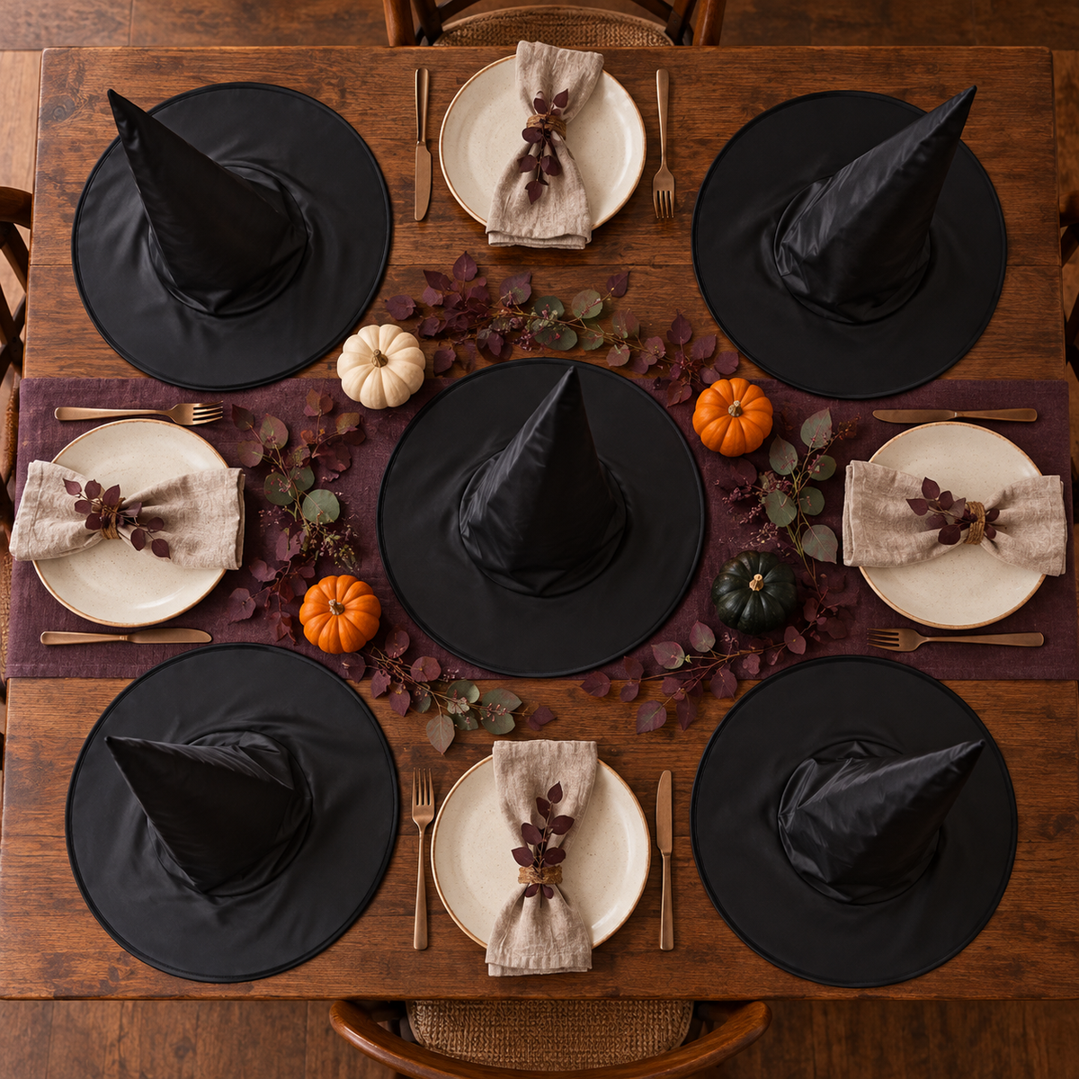 Off the Hook — five-piece unlit black witch-hat set; illustrative styled scene; background props not included