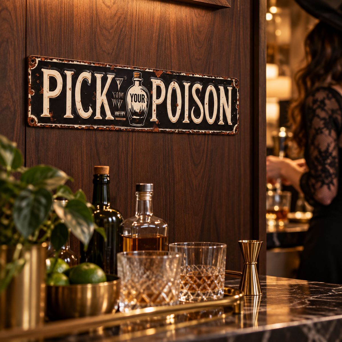 Pick Your Poison — rectangular apothecary-style sign; illustrative styled product scene; background props not included