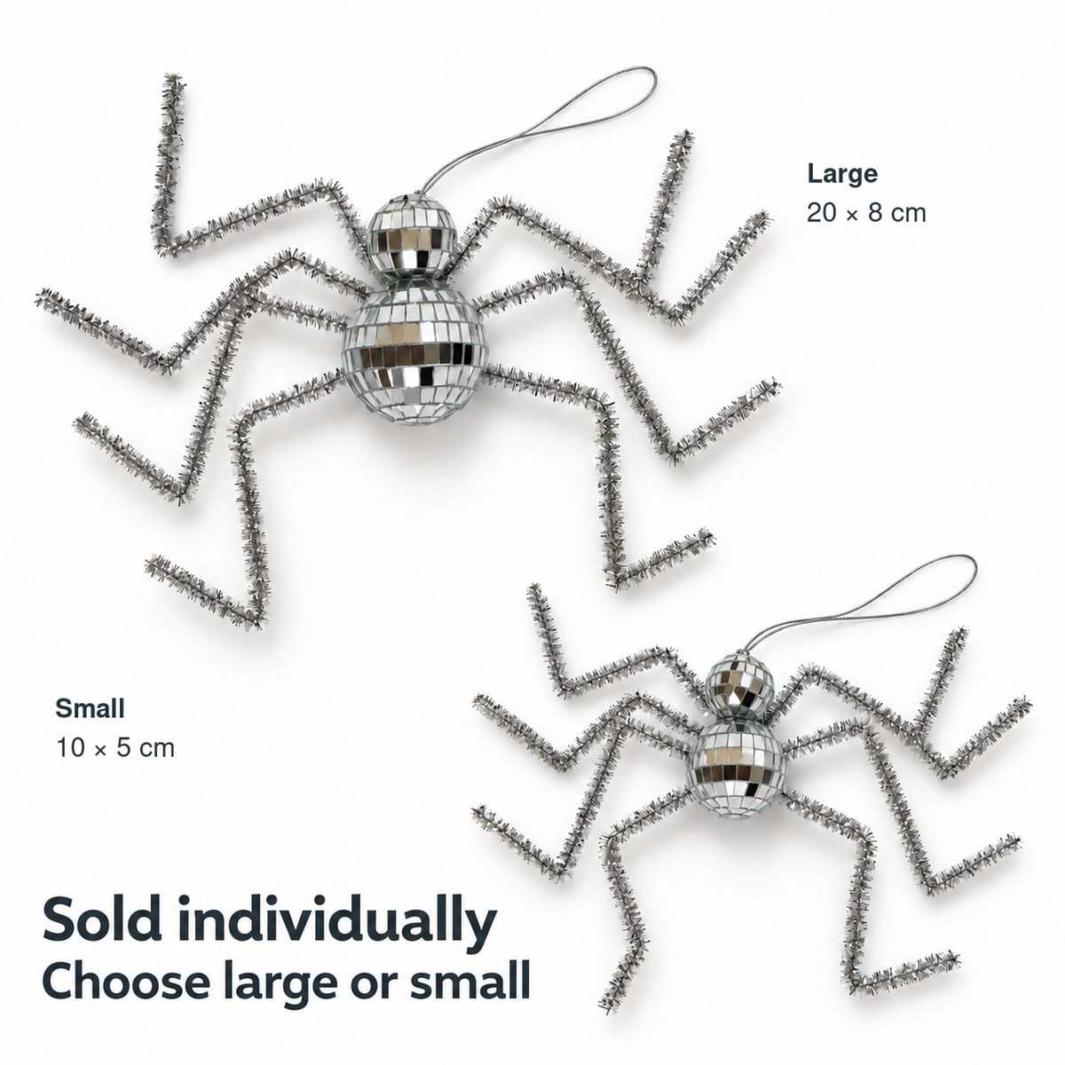 Silver Disco Spider sizes in a separate margin: Large 20 × 8 cm and Small 10 × 5 cm. Sold individually; choose one size.