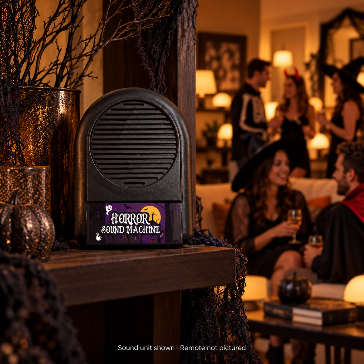 Things That Go Bump sound unit in a styled adult party alcove; included remote not pictured, other décor not included.