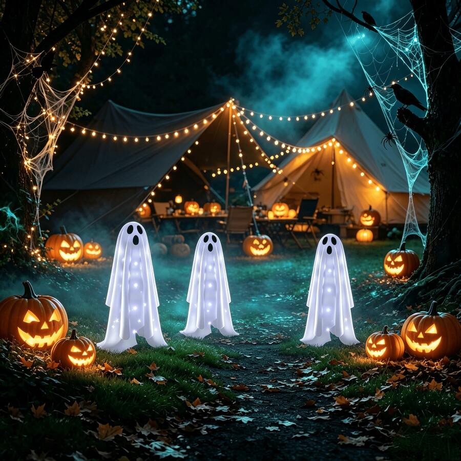 Three solar-powered white ghost stake lights for Halloween