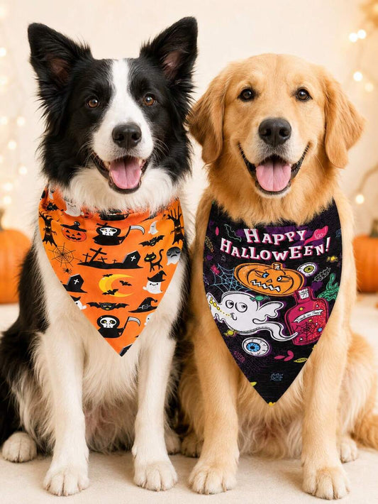 Two Halloween dog bandanas with pumpkin, ghost and bat prints