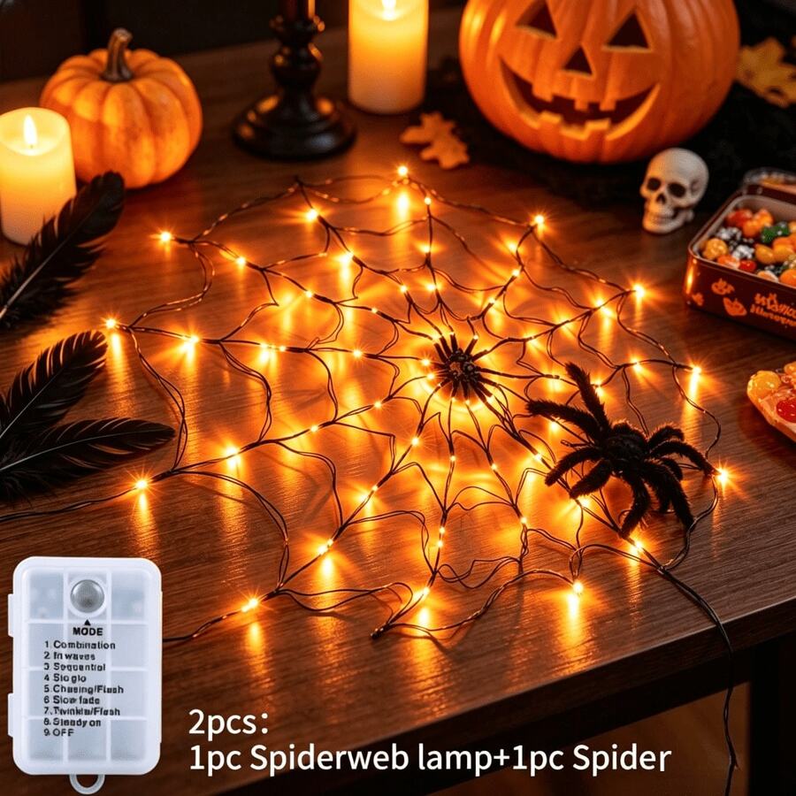 Orange LED spider-web net lights with spider decoration, 1.2 m