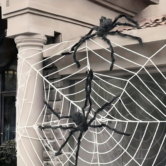 Two large black fuzzy Halloween spiders on a white web