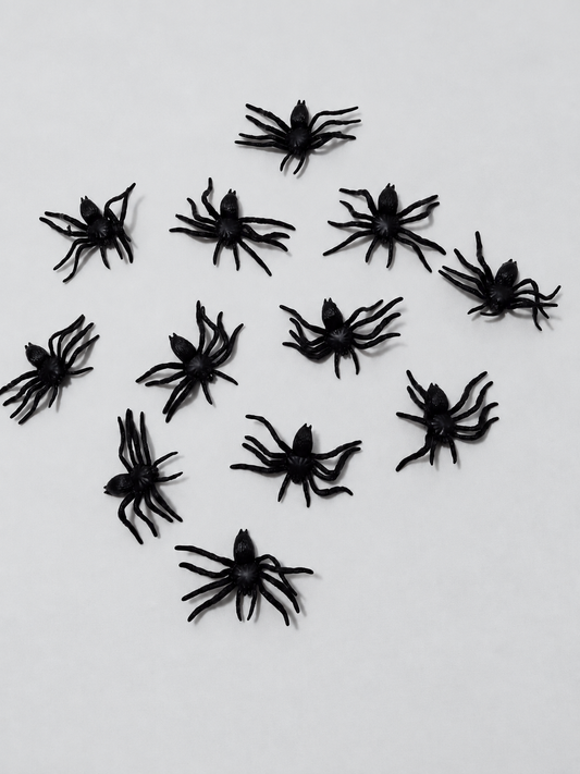 Retouched actual stock photo of twelve black toy spiders; mesh bag not shown