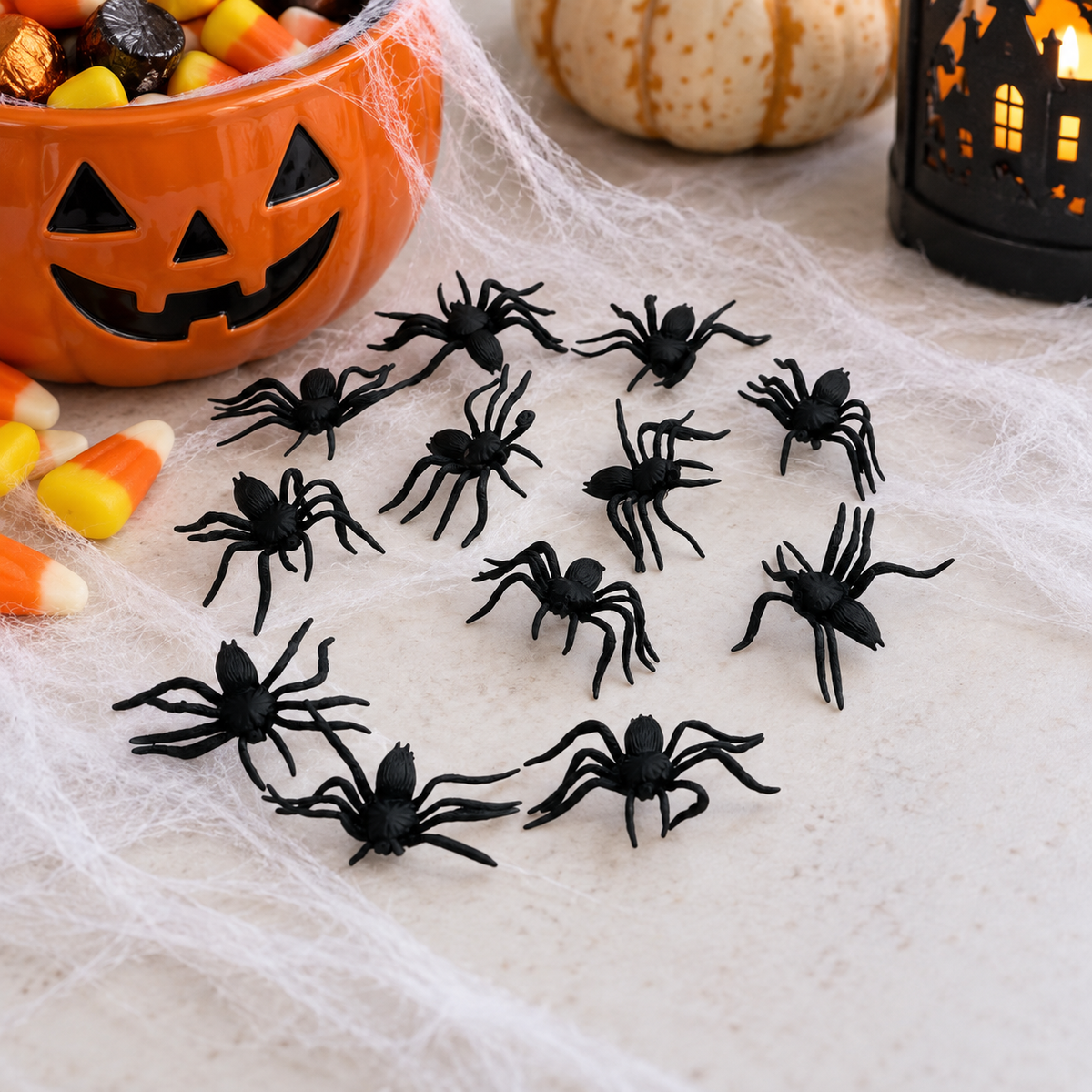 Styled illustration of Spiders in Mesh Bag – 12 Piece; props not included