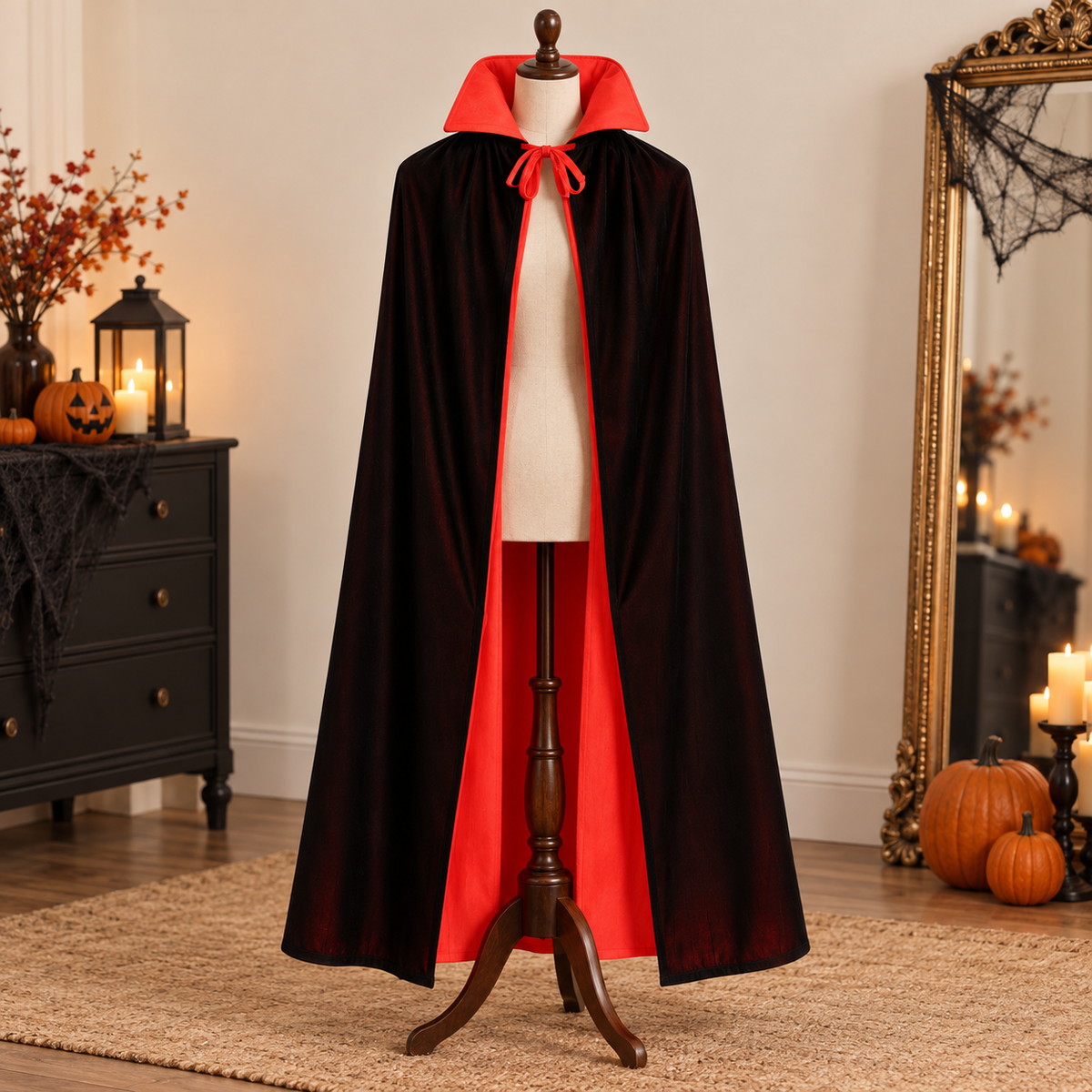 Styled illustration of Reversible Vampire/Witch Cape – 1.2 m; props not included