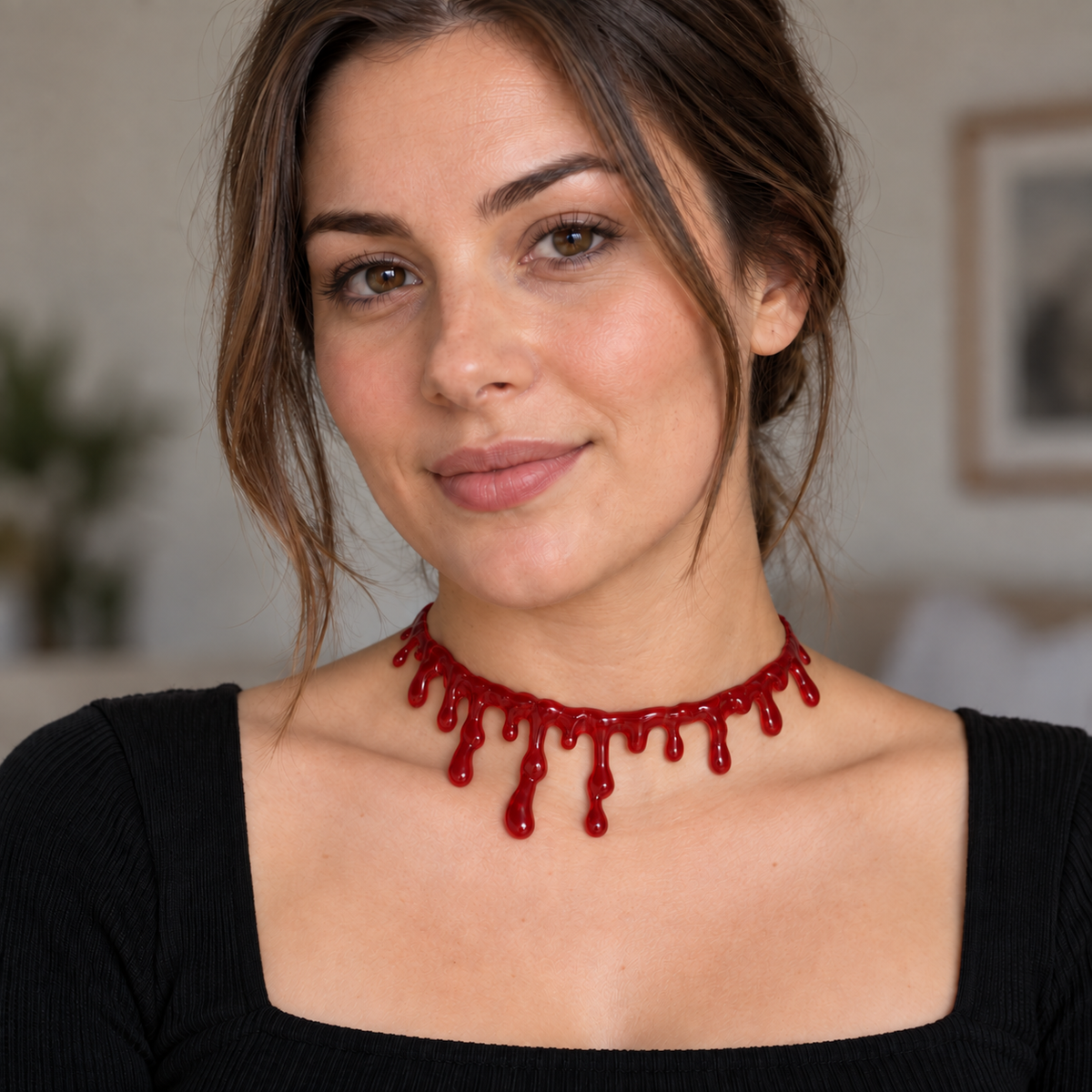 Illustrative styled view of the blood-drip necklace worn by an adult; refer to product photo and stated measurements