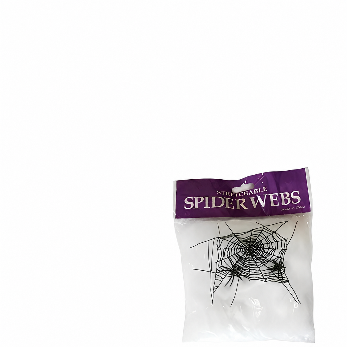 White stretchable spider-web pack in purple-header packaging; edited supplier photograph with black-web pack removed