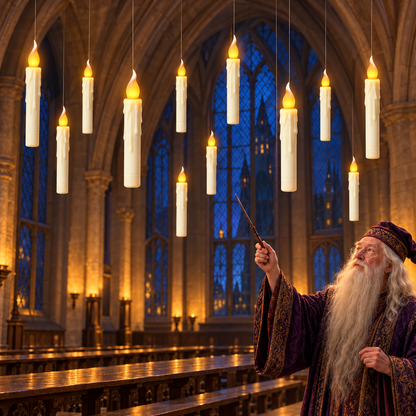 Fantasy styling illustration of twelve cream floating LED candles in a grand dining hall with a wizard. The wand is illustrative and may differ from the included remote; scenery and costume are not included.