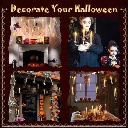 Halloween styling collage with floating LED candles. This listing supplies twelve candles and one wand-style remote; other decorations, candle holders and costumes are not included.