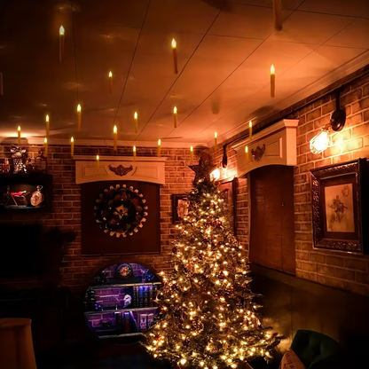 Indoor room styling with floating LED candles; illustrative arrangement may show a larger display. This listing supplies twelve candles and one wand-style remote; other decorations are not included.