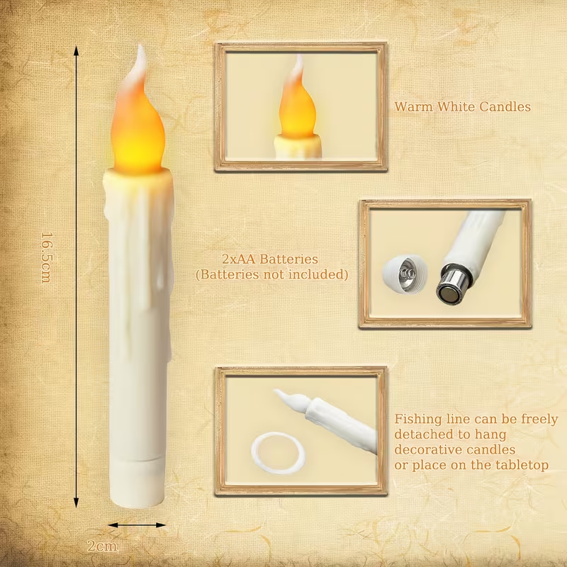 Supplier diagram: candle 16.5 cm long and 2 cm in diameter, requiring 2 AA batteries. The original battery-exclusion label does not apply to this order: Cart Culture includes candle and wand-remote batteries.