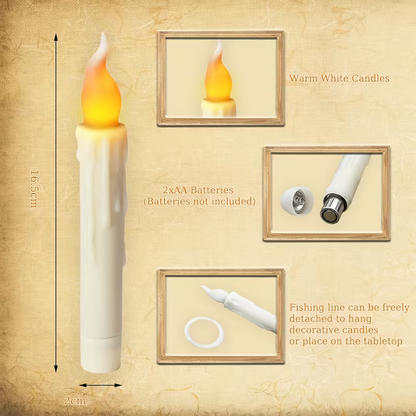 Supplier diagram: candle 16.5 cm long and 2 cm in diameter, requiring 2 AA batteries. The original battery-exclusion label does not apply to this order: Cart Culture includes candle and wand-remote batteries.