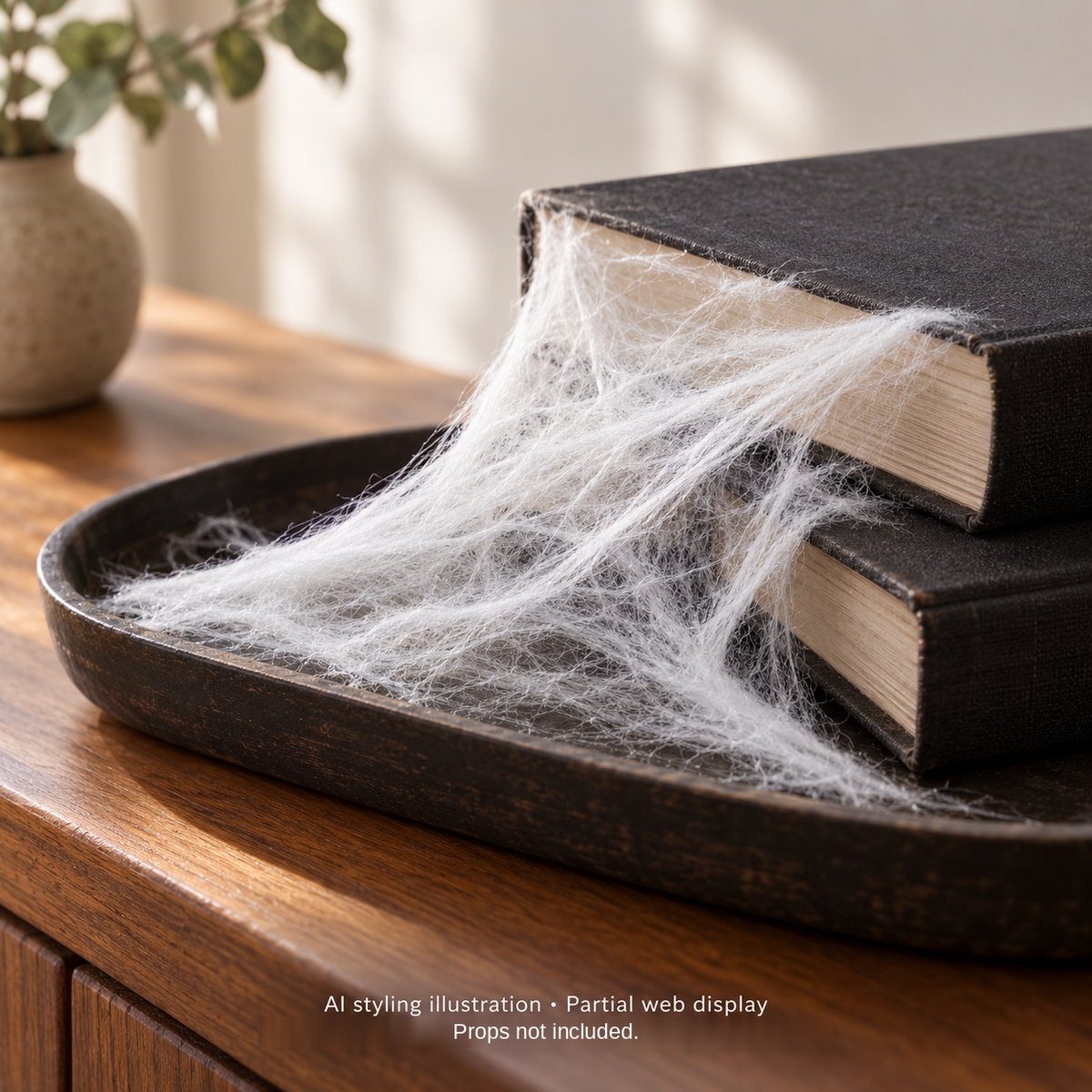AI styling illustration of a partial white stretch-web display on books in a contained indoor tray, based on the daytime reference for After-Dark Tangle. Books, tray and other props are not included. This is not an actual-stock photograph.