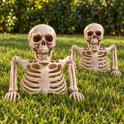 AI-styled illustration of the Back from Below two-piece skeleton bust set emerging from ordinary lawn grass, without trays. Background not included; keep the busts dry; choose a sheltered display position.