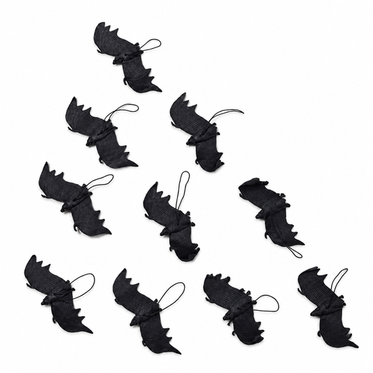 Bat Company: ten black rubber bats with hanging loops on white; background edited from the owner’s actual product photograph.