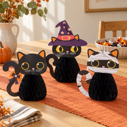 The Black Cat Club — three-piece black-cat honeycomb decoration set; illustrative styled product scene; background props not included