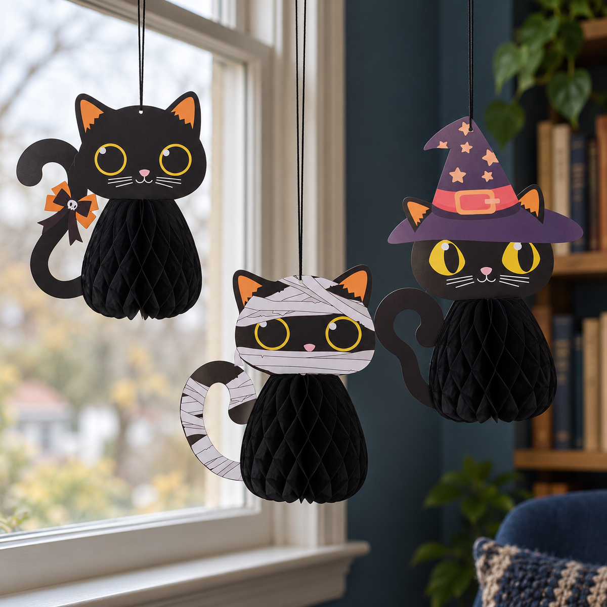 The Black Cat Club — three-piece black-cat honeycomb decoration set; illustrative styled product scene; background props not included
