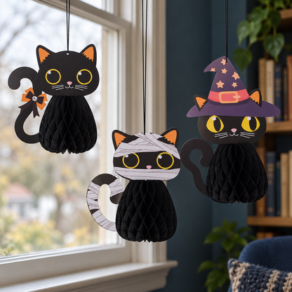 The Black Cat Club — three-piece black-cat honeycomb decoration set; illustrative styled product scene; background props not included