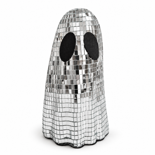 One silver mirror-mosaic ghost decoration with two black eyes on white; reflective, not illuminated.