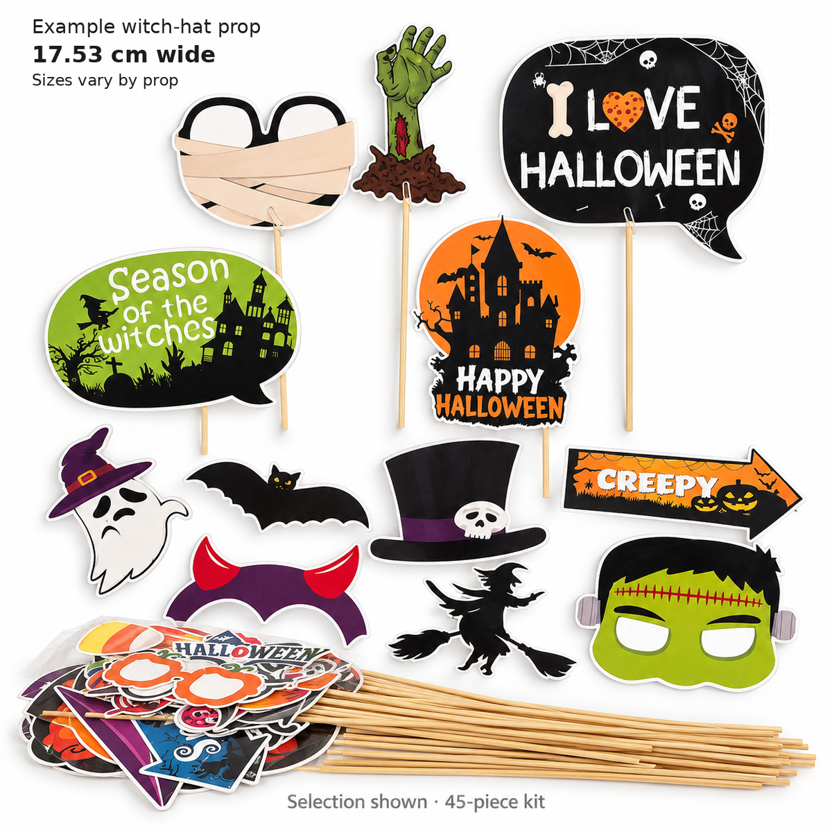 Boos & Poses selection of Halloween photo props and sticks from the 45-piece kit; example witch-hat prop 17.53 cm wide, sizes vary by prop.