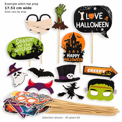 Boos & Poses selection of Halloween photo props and sticks from the 45-piece kit; example witch-hat prop 17.53 cm wide, sizes vary by prop.