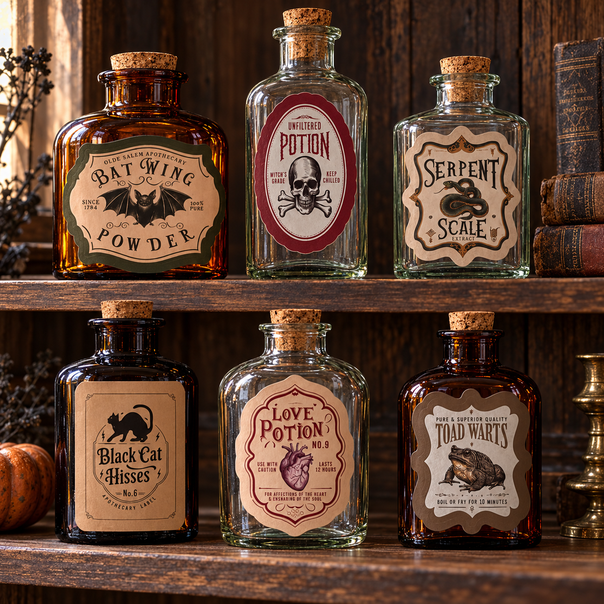 Bottled Mischief six of twelve label designs on decorative bottles in a styled apothecary shelf display; bottles and props not included.
