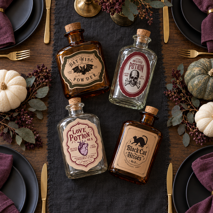 Bottled Mischief four of twelve label designs on decorative bottles in an overhead styled table scene; bottles, tableware and props not included.