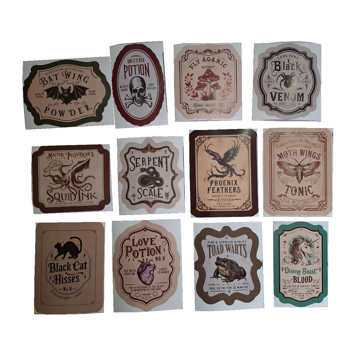 Bottled Mischief: all twelve actual potion labels on their release backings, isolated on white from the owner's photograph. Original label lettering and product pixels preserved; bottles not included.