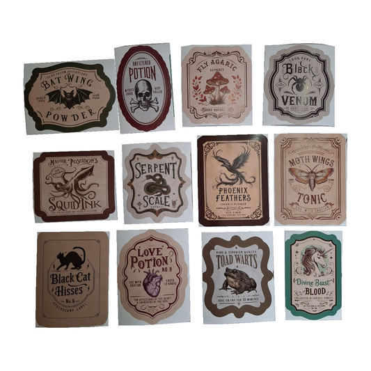 Bottled Mischief: all twelve actual potion labels on their release backings, isolated on white from the owner's photograph. Original label lettering and product pixels preserved; bottles not included.