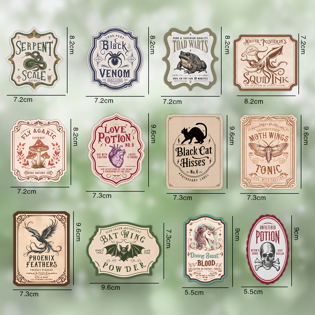 Bottled Mischief twelve potion label designs with original centimetre measurements; labels only, bottles not included.