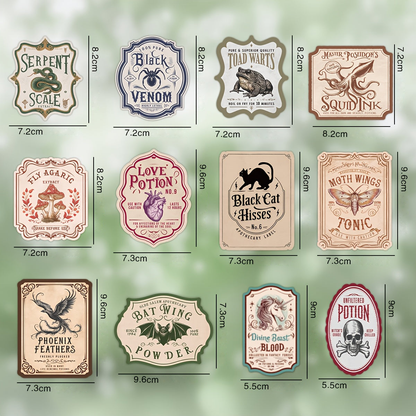 Bottled Mischief twelve potion label designs with original centimetre measurements; labels only, bottles not included.