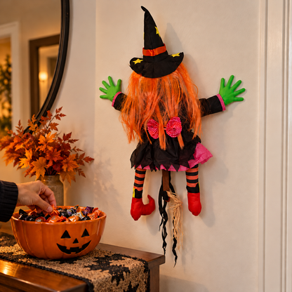 Crash Landing — orange-haired tree-crash witch decoration; illustrative styled product scene; background props not included