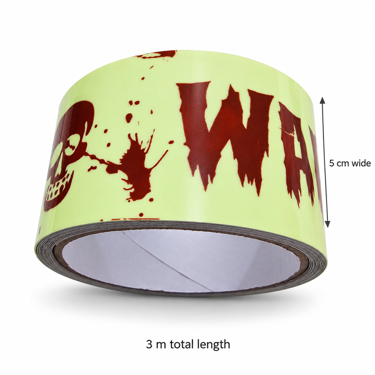 Actual-product-based image of one non-adhesive warning tape roll with a 5 cm width guide and 3 m total-length caption.