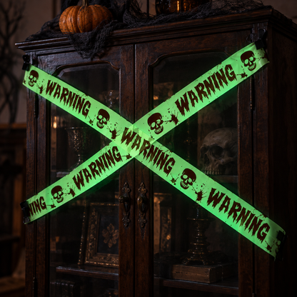 Illustrative styling of green-glowing warning tape across a cupboard, based on the photographed tape and glow; cupboard and other decor are not included.