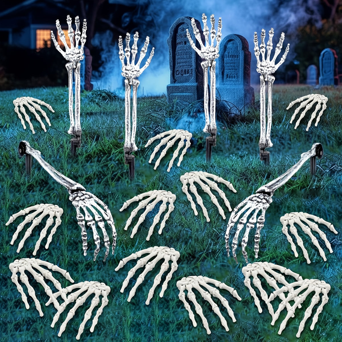 Supplier display showing multiple skeletal garden-decoration pieces and sets; Cart Culture sells one White-3pcs set, with exact component mix not yet confirmed
