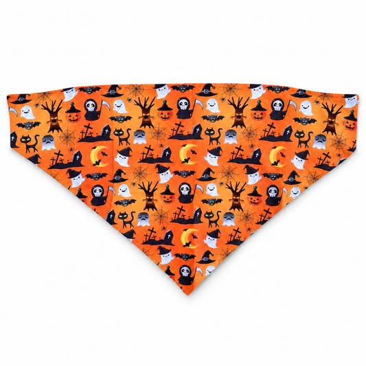 White-background product illustration of Dressed to Howl, showing one orange Halloween-print bandana.