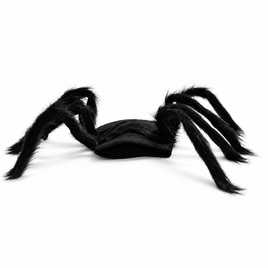 AI-edited actual product photo of Eight-Legged Walkies on white: thin black fabric panel with eight furry bendable legs. Pet not included.