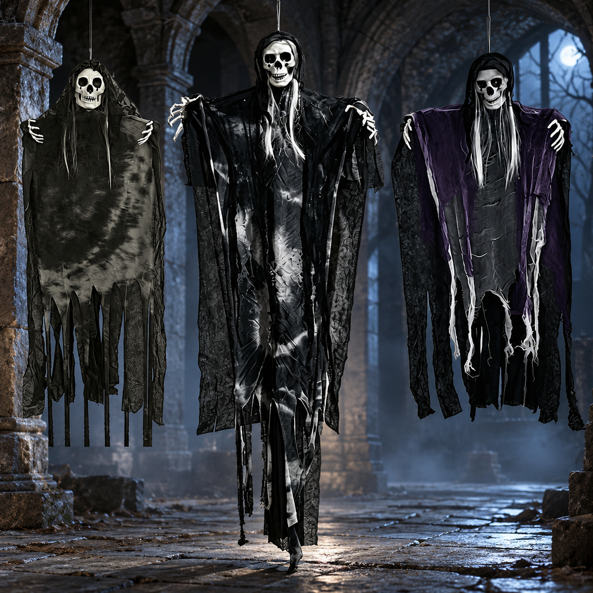 AI-styled illustration of three distinct The Floating Coven hanging figures in a dark stone-arch setting. Unlit decorations; scene scale is illustrative and surrounding fixtures are not included.