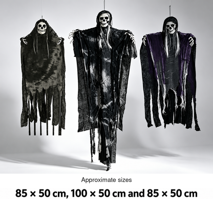 The Floating Coven three distinct hanging figures with size references: 85 × 50 cm, 100 × 50 cm and 85 × 50 cm.
